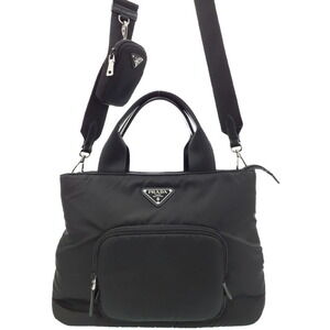 Prada ReNylon Saffiano Leather Tote Bag signature enamel triangle logo Black